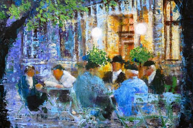 'Blue Cafe' (c) Steve Cobb 2014. Art Ache Gallery, Horsham. Acrylic 20x16. Framed original painting SUS-140511-084252001