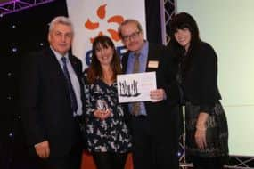 Battle Observer wins Community Campaign of the Year. Reporter Laura Button and deputy content editor Colin Jenner pictured with Lauren Steadman, paratriathlete world champion and Andrew Brown, director of Brand, Sustainability and External Affairs at EDF Energy. SUS-141114-145402001