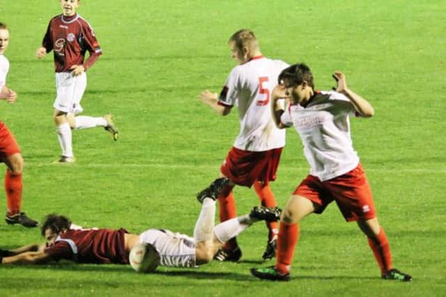 Penalty box action from Hastings United's under-21 game at home to Whitstable Town last night (Monday). Picture courtesy Joe Knight