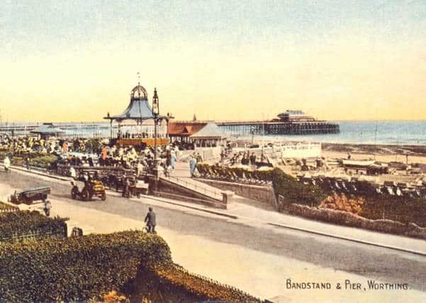 A postcard featuring the original Worthing seafront bandstand