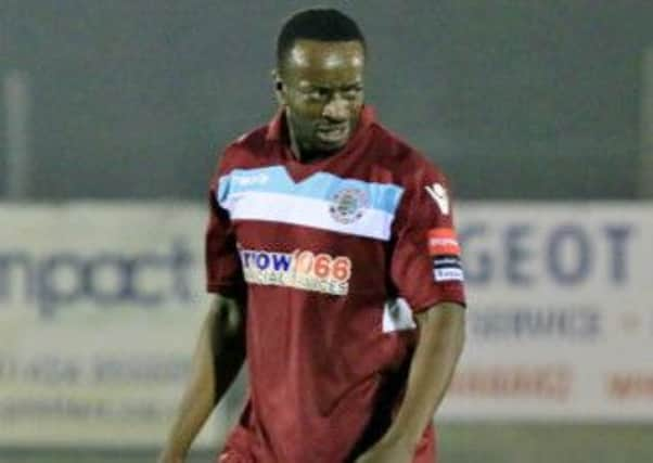 Ade Olorunda scored a tremendous header for Hastings United in their 2-1 defeat at home to table-topping Burgess Hill Town. Picture courtesy Joe Knight