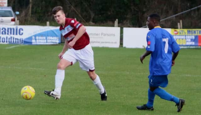 Sam Cruttwell on the ball for Hastings United during their 2-1 defeat at home to East Grinstead Town last weekend. Picture courtesy Angela Brinkhurst