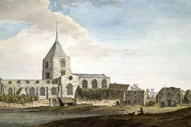 The south front of St Nicholas Church and remains of the east and south sides of the college, drawn in 1780 by Grimm