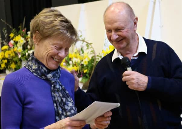 Anne Dyball receiving her President's Prize for the special Simnel cake class SUS-150104-102256001