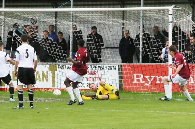 One of Hastings United's goals in the 5-1 win away to Faversham Town under previous boss Dom Di Paola. Picture courtesy Joe Knight