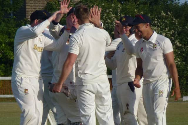 Hastings Priory celebrate after taking the final wicket in their victory at home to Findon last weekend. Picture by Simon Newstead (SUS-150627-212450002)