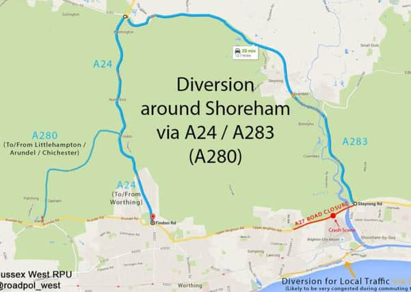 The recommended Shoreham diversion route by the authorities. There is currently an accident blocking the A280