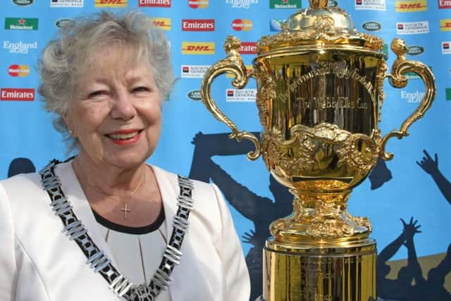 DM1519952a.jpg Rugby World cup trophy at The Triangle Leisure Centre, Burgess Hill. Mayor of Burges Hill Cllr Ann Jones MBE. Photo by Derek Martin SUS-150209-121725008