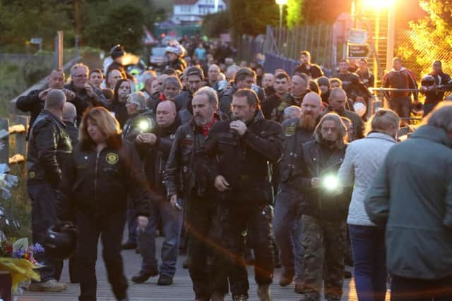 Bikers arrive at the Old Tollbridge, Shoreham