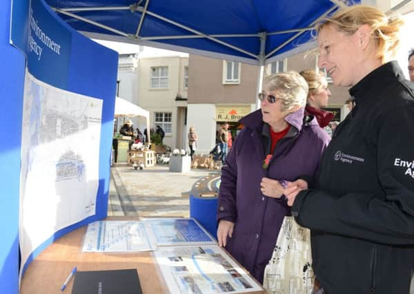 SH 081114 Adur Tidal Walls flood defence scheme consultation. Keely Mowatt (Adur tidal walls project team) taking to Edith Leslie. Photo by Derek Martin SUS-141011-112219001