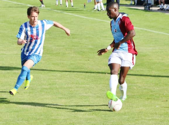 Bright Temba on the ball for Hastings United during their 1-0 win at home to Thatcham Town in the FA Cup last weekend. Picture courtesy Joe Knight