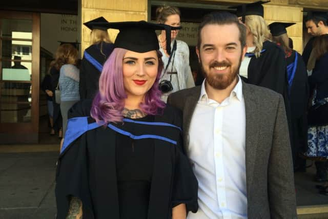 Bianca Woodroffe-Jones with her husband James at Northbrook College's graduation ceremony in Worthnig SUS-150210-154108001