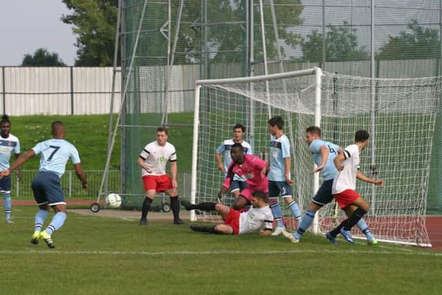 YM pressure the Croydon FC goal mouth. Photo by Clive Turner