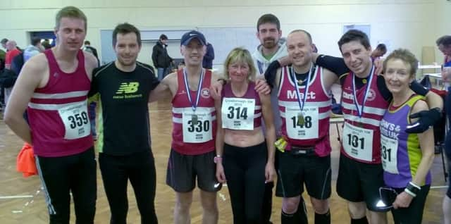 Rob Watts, Tom Mullen, Carl Bicknell, Amanda Soper, Jack Chivers, Matt Quinton, Chris Glanfield and Marion Hemsworth at the hilly Crowborough 10k on Sunday.