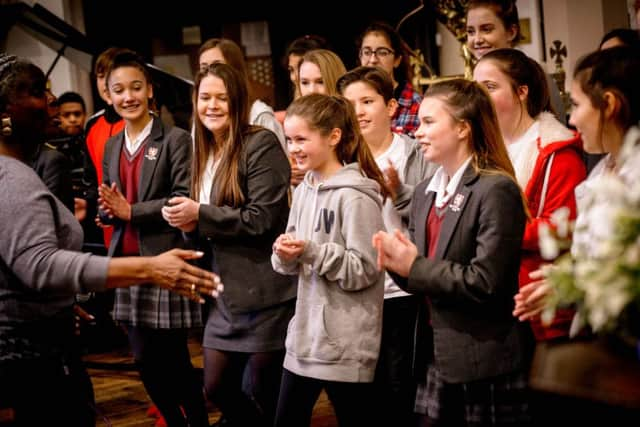 Lewes Old Grammar School 
Workshop with gospel singer Karen Gibson who visited the school today 08/01/16
Contact Susan Fleet of LEa Graham for press release susan@leagraham.com
Picture by Jim Holden SUS-161201-110419001