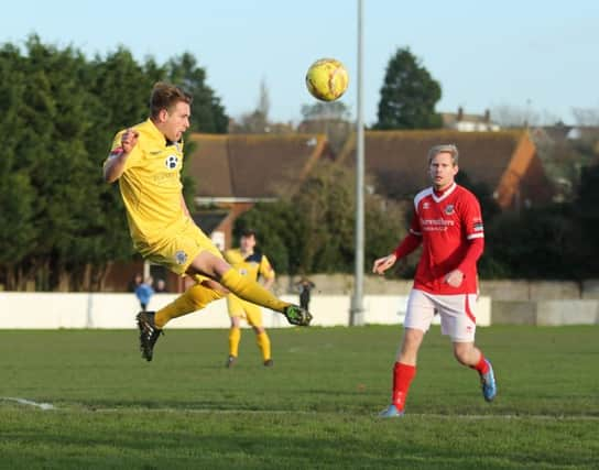 Chris Cumming-Bart executes a volley during Hastings United's 2-1 win away to Whitstable Town on Saturday. Picture courtesy Scott White