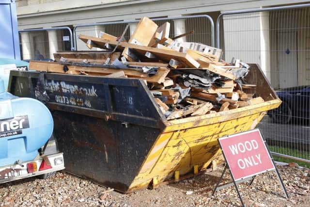 A skip full of wood from the bandstand's structure. Picture by Eddie Mitchell.