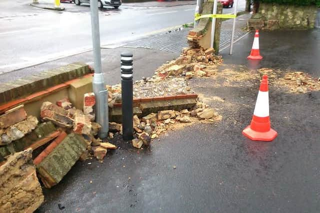 Sainsburys Old Town carpark wall after being hit by a reversing 4x4. SUS-160129-091149001