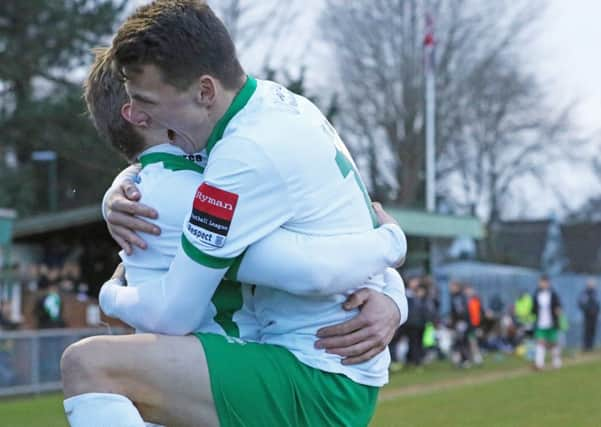 The Rocks celebrate a winner against Hampton last week / Picture by Tim Hale