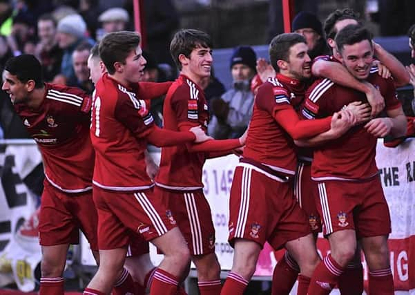 Rebels celebrate after scoring their second goal against Sittingbourne on Saturday