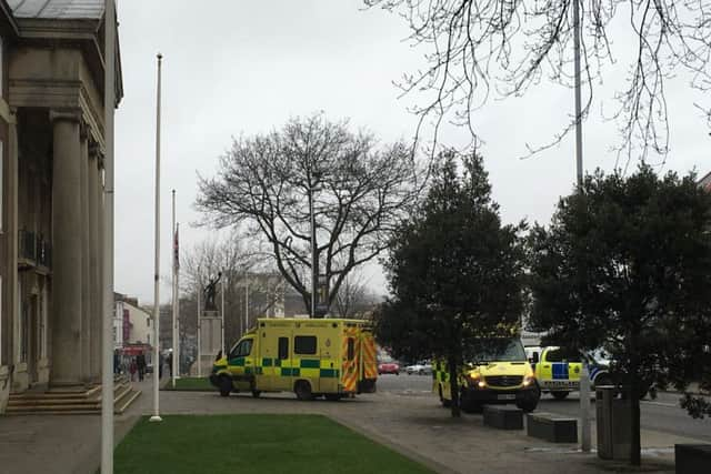 Ambulances outside Worthing Town Hall SUS-160502-115553001