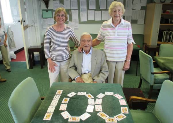 Alan Jeffery at Worthing Bridge Club in 2014, celebrating his 100th birthday