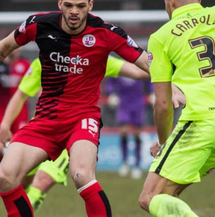 Shamir Fenelon fights for the ball for Crawley Town against Hartlepool United, 5th March 2016. (c) Jack Beard SUS-160319-214034008