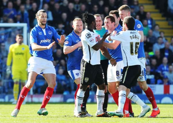 Michael Doyle and Stanley Aborah have words. Picture: Joe Pepler