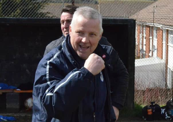 Haywards Heath Town boss Shaun Saunders celebrates. Picture by Grahame Lehkyj