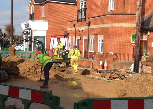 Repair works by Southern Water are underway after a pipe burst on Westcourt Road, Worthing