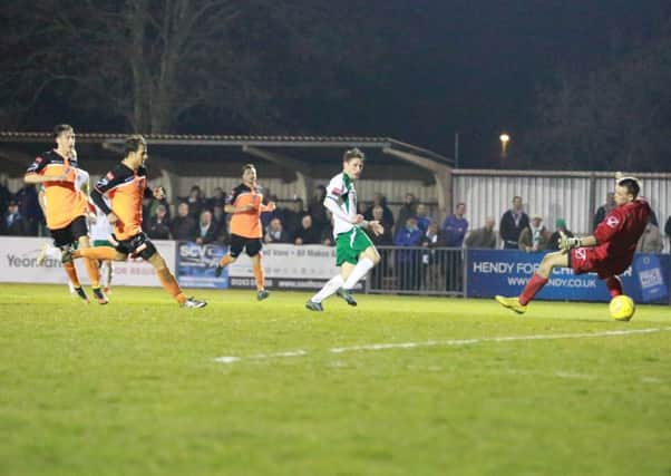 Stuart Green scores Bognor's sixth against Wingate / Picture by Tim Hale