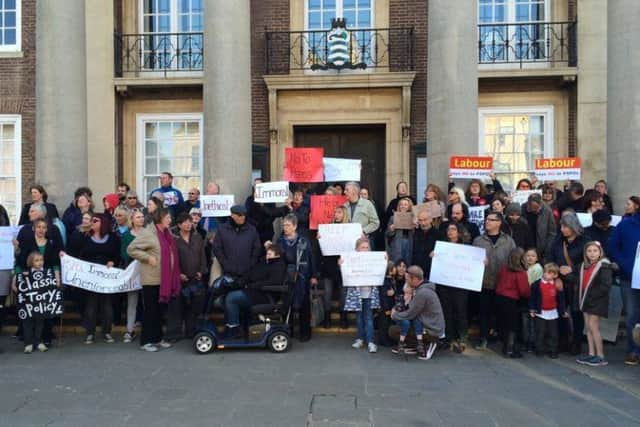 Protestors gathered on the steps of Worthing Town Hall against the imposition of Public Spaces Protection Orders SUS-160420-091637001