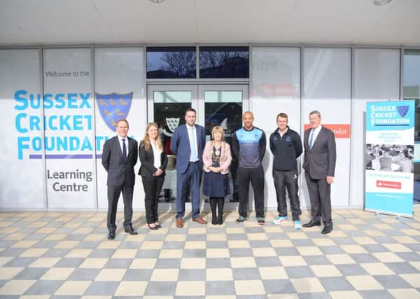 The launch of the new Learning Centre at Hove, in association with Santander.  From L-R: Gwyn Price, Santanders Regional Director for South-East, Vanessa Potter, Education, Employability & Skills Manager at Sussex Cricket,  Tim Shutt, Managing Director of the Sussex Cricket Foundation, Cllr Lynda Hyde, the Mayor Of Brighton & Hove, Tymal Mills & Chris Nash of Sussex CCC and David Bowden, President of Sussex Cricket