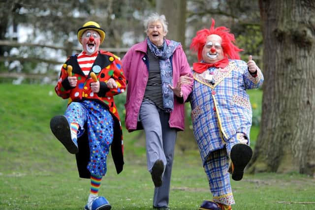 Bluey the Clown, Rosemary Warren (Chairman of Hotham Park Heritage Trust), and clown Bibbledy Bob and at Hotham Park to discuss a Clown parade with the Hotham Park Heritage Trust.  Pic Steve Robards  SR1612007 SUS-160427-130009001