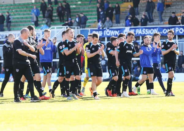 The Pompey players thank the travelling Blues fans for their support at the end of Saturday's match against Hartlepool Picture: Joe Pepler