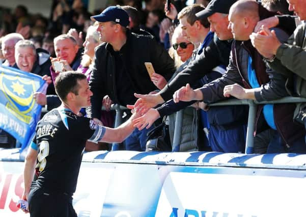 Michael Doyle thanks the travelling support at Hartlepool. Picture: Joe Pepler