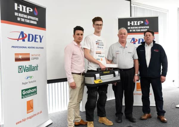 HIP UK Heating Apprentice of the Year, from left, Joseph Valente, winner of BBC Ones The Apprentice, Ewan McGregor, head judge Tony Kite and Chichester College lecturer Nigel King