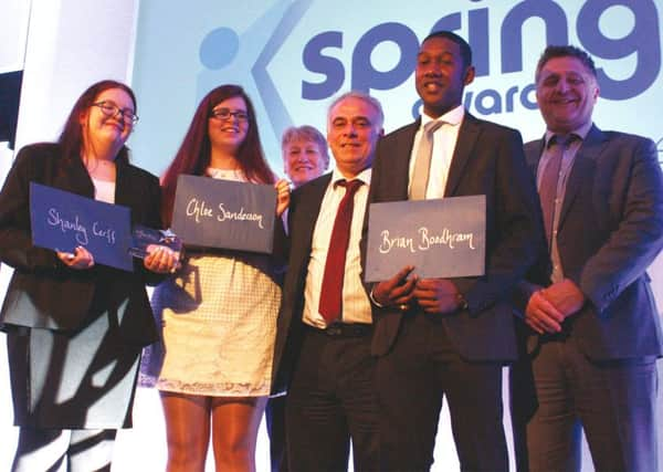 Central Sussex College students honoured in the FE Sussex Spring Awards held at the Hilton Brighton Metropole on Wednesday 4 May 2016. L-R Winner Shanley Cerff, Runner up Chloe Sanderson, College Vice Principal Curriculum, Clare Wallace (back), College Vice Prinicpal Curriculum, Dean Wynter, and College Vice Principal Quality and Standards, Simon Friend - picture submitted by Central Sussex College