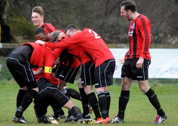 Football, Southern Combination League Division 2: Billingshurst v AFC Varndeanians. Pic Steve Robards  SR1609262  team celebrate Mark Cooper's 30 yrd freekick SUS-160326-194916001