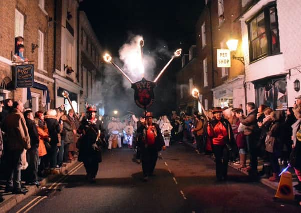 Rye Bonfire Society torchlight procession through Rye, bonfire and fireworks. Saturday November 8th 2014. SUS-151109-125319001