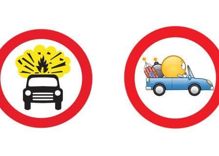 Some young drivers thought the real life sign for no vehicles carrying explosives was a warning of spontaneously combusting traffic. The emoji sign (right) was correctly interpreted.
