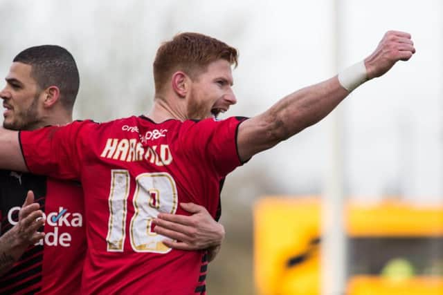 Matt Harrold celebrates scoring for Crawley Town during their 1-1 draw with Morecambe. Picture by Jack Beard SUS-160503-194457002