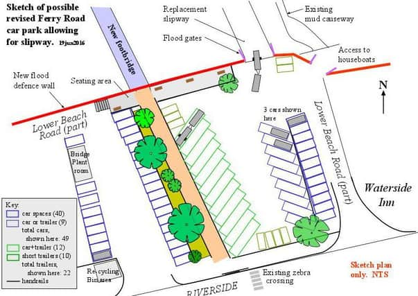 The plan proposed by the Shoreham Slipways Group with a slipway, floodgates, and parking spaces for trailers.