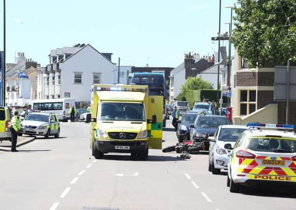 A motorbike collided with a car this afternoon on Brighton Road in Shoreham. Picture: Eddie Mitchell