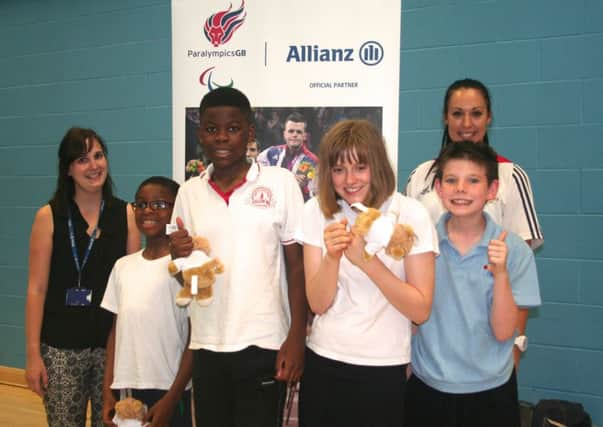 Gemma Collis (Allianz Insurance), Jigsaw School pupils and Liz Wilks (Boccia 2016 Paralympics High Performance Coach) SUS-160108-151917001