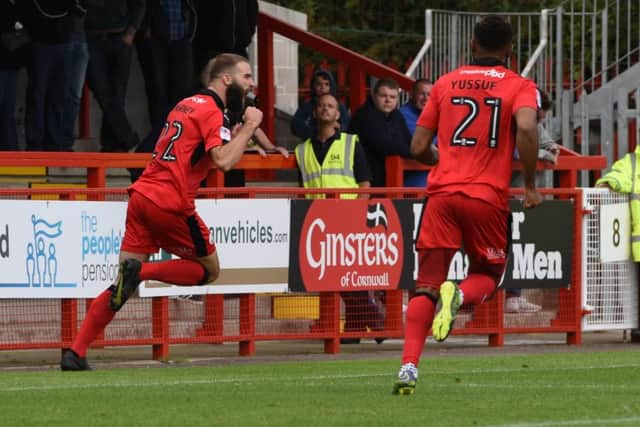 Joe McNerney celebrates scoring Crawley's equaliser during their 1-1 draw with Barnet. Picture by Phil Westlake SUS-160820-235440002