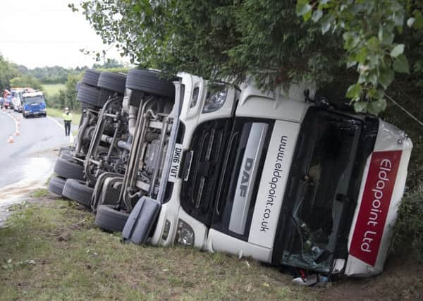 The articulated lorry rolled off the westbound carriageway of the A27. Photo by Eddie Mitchell.