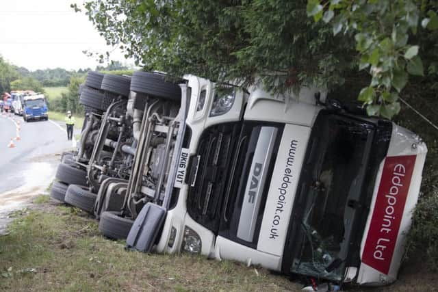 The articulated lorry rolled off the westbound carriageway of the A27. Photo by Eddie Mitchell.