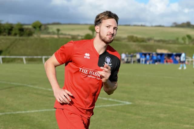 Ben Bacon after he score dthe first of his hat-trick. Picture by Phil Westlake