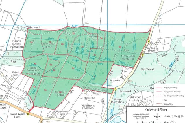 A site plan of Oakwood West woodland in West Ashling near Chichester.